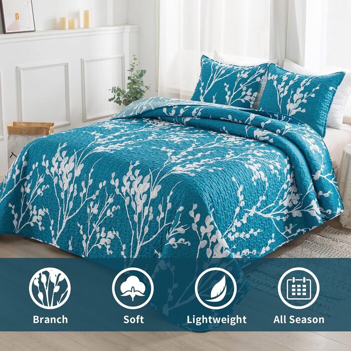 Набір постільної білизни Andency з квітковим принтом, King-Size (277x244 см), 3-частини (блакитно-зелена ковдра з принтом та 2 наволочки), літній, легкий, двосторонній, мікрофібра, блакитно-зелений, 
