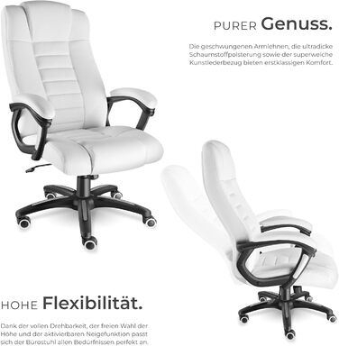 Офісний крісло tectake® з регулюванням висоти, обертання, підлокітники, функція гойдання, штучна шкіра, 12 см м'якість - білий колір