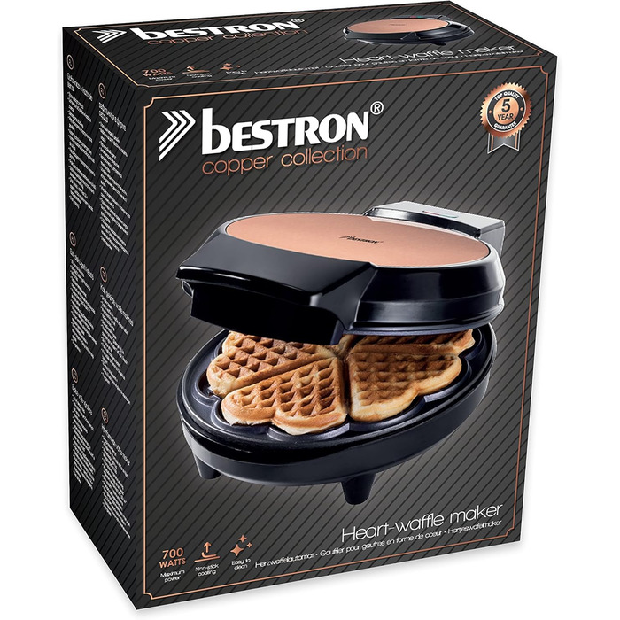Bestron Heart-Shaped Waffle Maker - Copper Finish, 700W Non-Stick Waffle Iron
