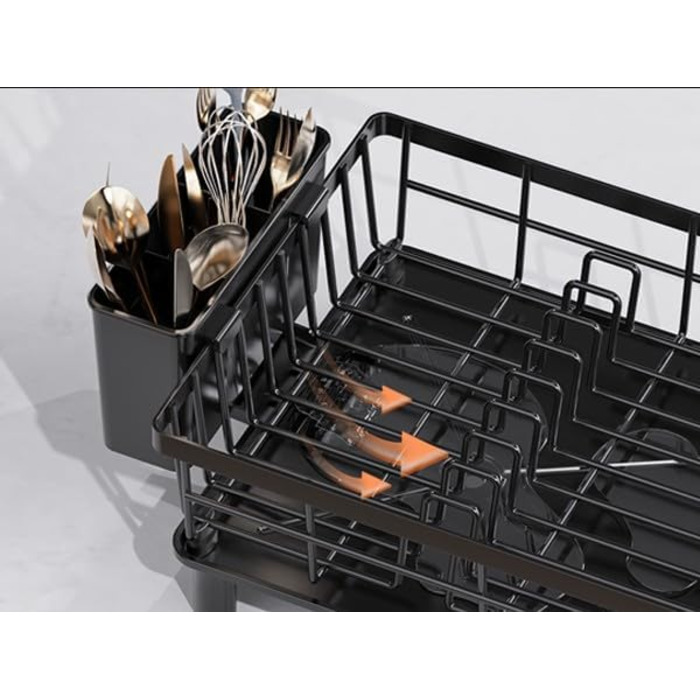 LIONONLY Dish Drainer Rack, Small Dish Drainer with Drip Bowl, Stainless Steel Dish Drainer with Drip Surface and Swivel Spout, Dish Drying Rack for Space-Saving