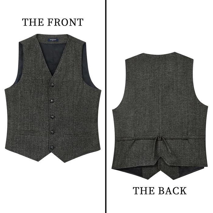 Жилет чоловічий HISDERN Vintage Casual Tweed з вовни в колірну смужку Herringbone для весілля, офісу та ділових зустрічей (L, темно-сірий)