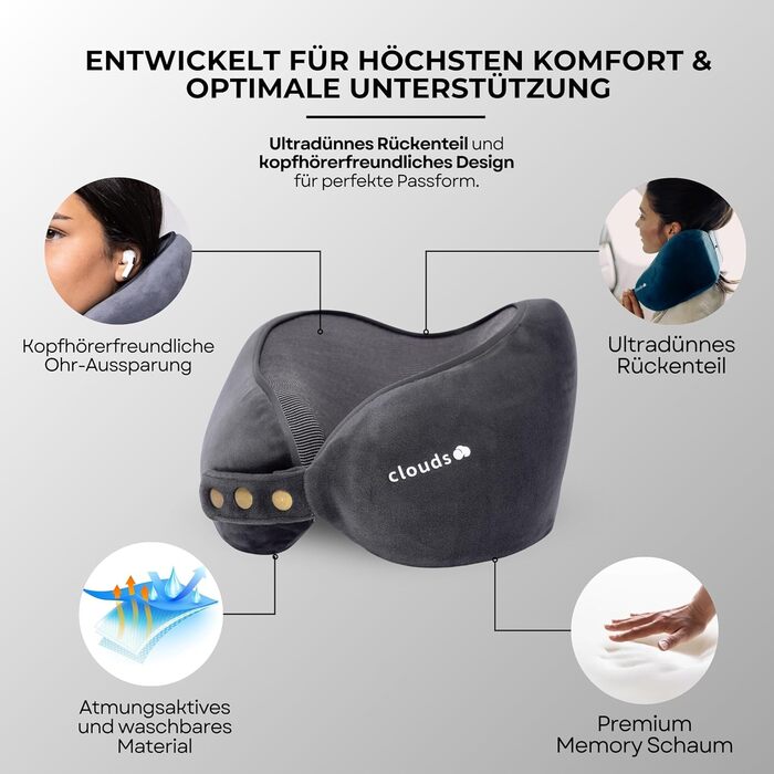 Подушка для шиї CLOUDS – зручна подушка для подорожей на літаку та в авто з memory foam, 2 розміри, дихаючий чохол, 5 кольорів (сірий, L/XL)