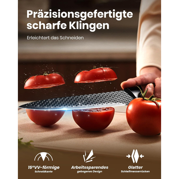 Набір ножів Messerblock Set, 7 предметів: професійний кухонний набір з блоком, з високоякісної нержавіючої сталі та ергономічними ручками, для дому. Чорний колір.