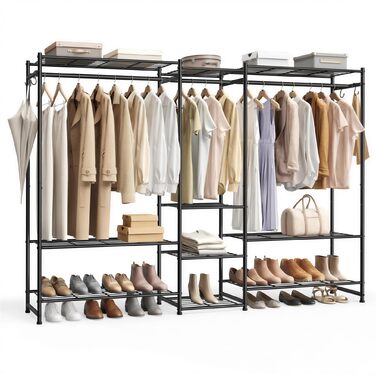 SONGMICS Стійка для одягу, відкритий шафа, вішалка для одягу з 10 полицями, 3 перекладинами, 4 гачками, металевий каркас, для спальні, вітальні, передпокою, чорний LGR011BZ01 206,4B см