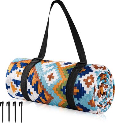 Плед для пікніка Boho 200x200 см, водонепроникний, антипісочний, з ручкою та кілочками, XL килимок для кемпінгу, пляжу, парку, прогулянок в стилі бохо