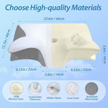 Ортопедична подушка HOMCA 2 в 1 з Memory Foam для сну на спині, боці та животі, 60x40x12/14 см, сіра
