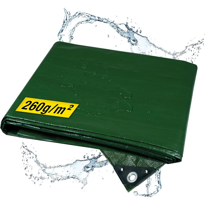Waterproof tarpaulin 260g/m² 8x10m with tear-resistant eyelets, sandbox and pool cover, woven tarpaulin for car, motorcycle, bicycle - Windproof cover for outdoor use, green
