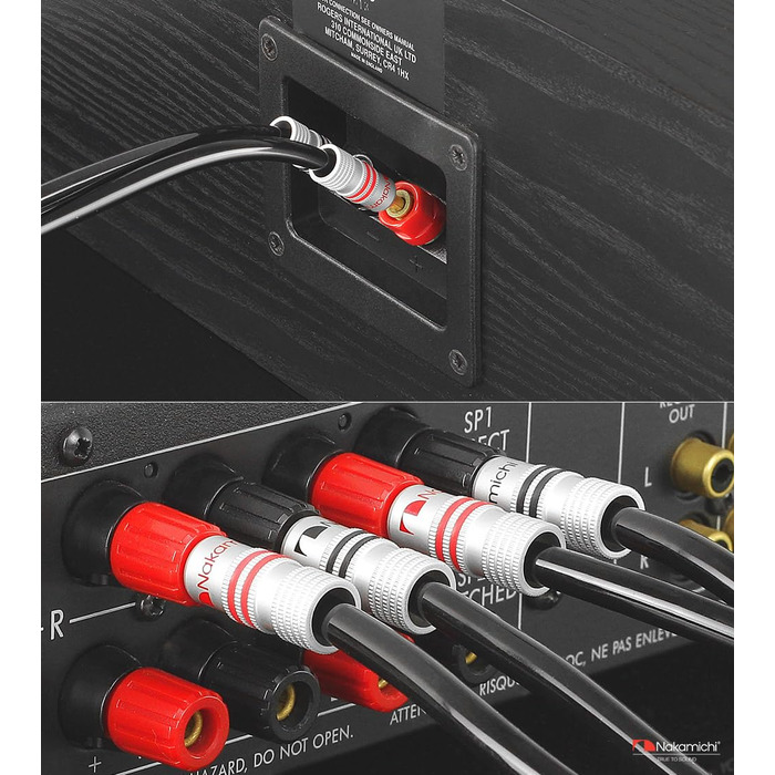 Акустичний кабель Nakamichi 12AWG з банановими роз'ємами 24K золото, 3м, безкиснева мідь (OFC), в обплетенні, для домашнього кінотеатру та підсилювача — Чорний