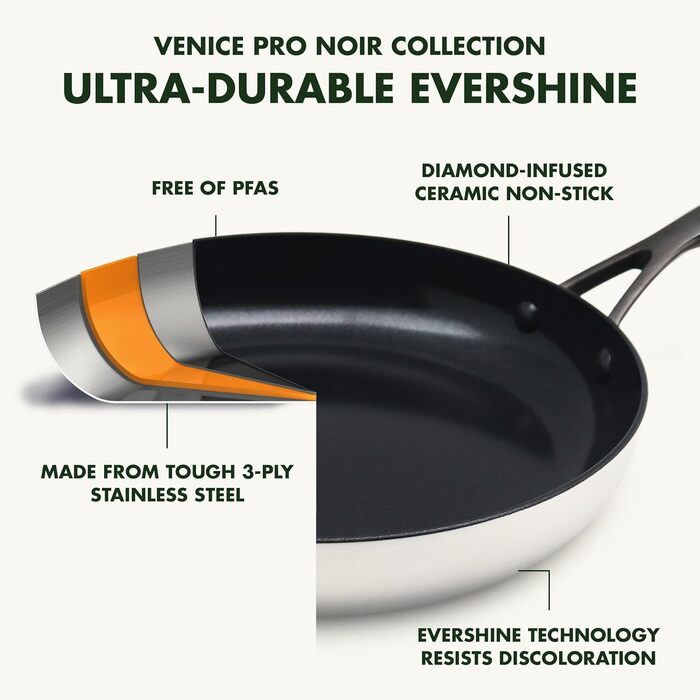 Набір сковорідок GreenPan Venice Pro Noir 26см та 30см, нержавіюча сталь, антипригарне покриття Ceramic, чорний, без PFAS, для індукції, безпечно для миття в посудомийній машині, термостійкий, срібний, 26см & 30см