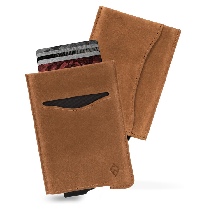 Криза картковий з RFID захистом та подарунковою коробкою – Мінімалістичний гаманець для чоловіків – Компактний портмоне з безконтактним захистом (Alpha Collection) (13. Світло-коричнева шкіряна випуск)