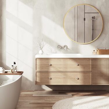 Круглий настінний дзеркало WOLTU 40 см з рамою, декоративне для ванної, спальні, вітальні, коридору, з металу, скла та MDF, золотий (71 x 71 см)