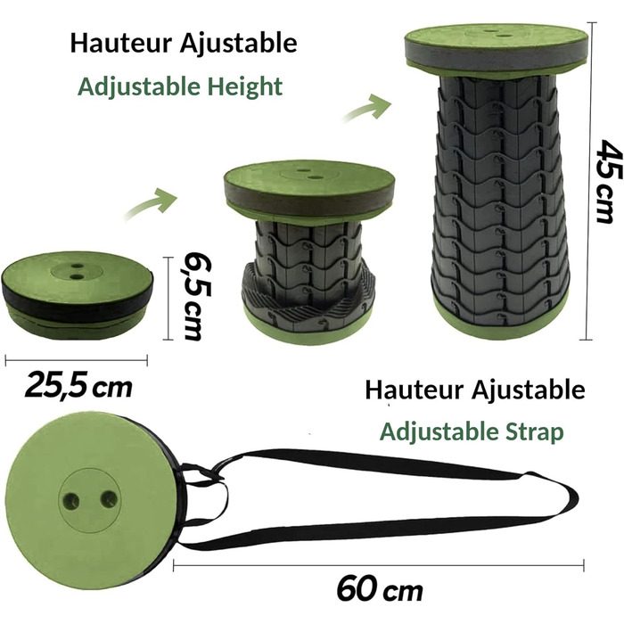 Стілець-телескоп складний Fishtec, регульована висота 6-44,5 см, ABS-пластик, вантажопідйомність 130 кг, портативний 1,28 кг, Ø25,5 см, з плечовим ременем, для кемпінгу, риболовлі, пікніка, чорно-зелений