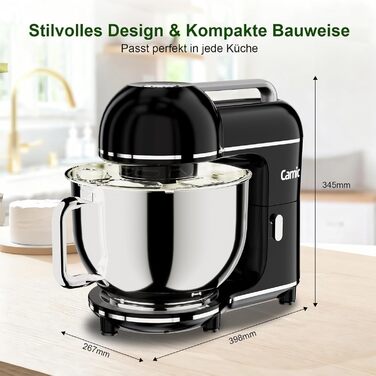 Кухонний комбайн-міксер Camic 2000W, чаша зі сталі 7л, 10 швидкостей, з набором насадок (гак, вінчик) та захистом від бризок, чорний