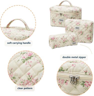 Косметичка для жінок, набір 3 шт. велика бавовняна косметичка для подорожей, органайзер для макіяжу, косметична сумочка з квітковим візерунком (рожева маленька квітка)