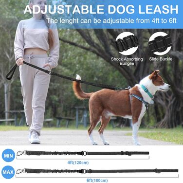 Міцна тактична повідок для собак Chioratree для середніх та великих собак, амортизуюча повідок-банджі з 2 м'якими ручками, страхувальний ремінь для авто, світловідбиваюча повідок для собак, Рожевий (1.2м-1.8м, Чорний)