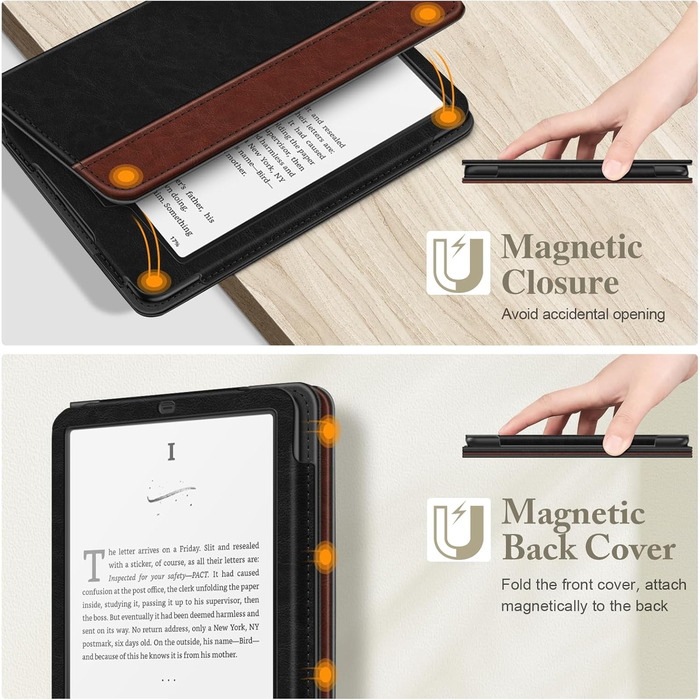 Чохол Fintie для Kindle Paperwhite (12-го покоління) та Kindle Colorsoft/Signature Edition 2024/2025 з підставкою, петлею та авто-вимиканням, чорний (чорний/коричневий)