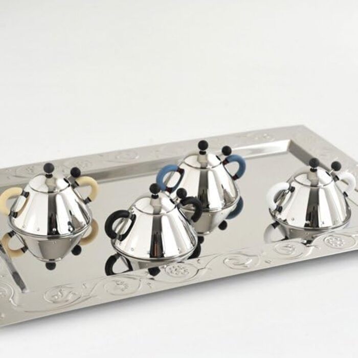 Цукорниця з ложкою Alessi з нержавіючої сталі, з блакитною ручкою і чорною кнопкою, 6.5x10.5x2 см