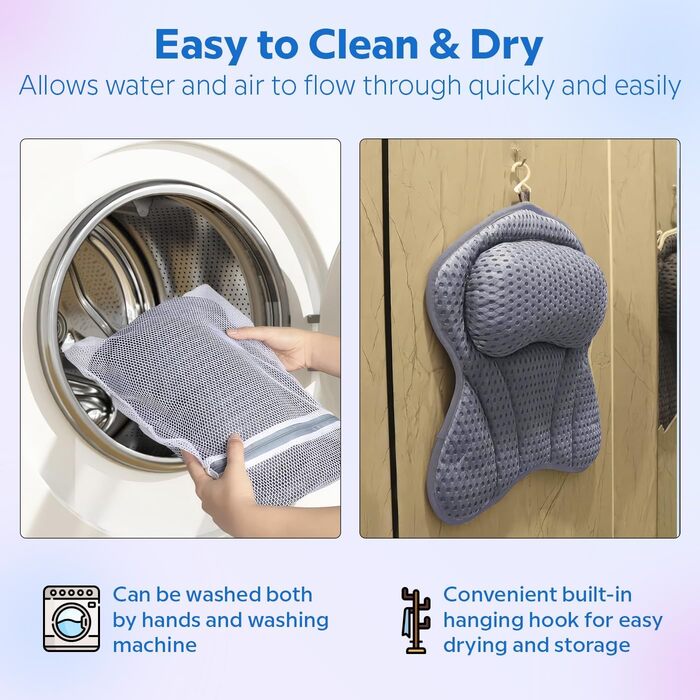 ADOV Bathtub Pillow – Ergonomic Luxury Neck Pillow with 6 Suction Cups, Soft Bath Pillow with 3D Air Mesh for Head, Back and Shoulders, Washable Pillow for Bathtub, Ideal for Bathtub, Spa (Gray)