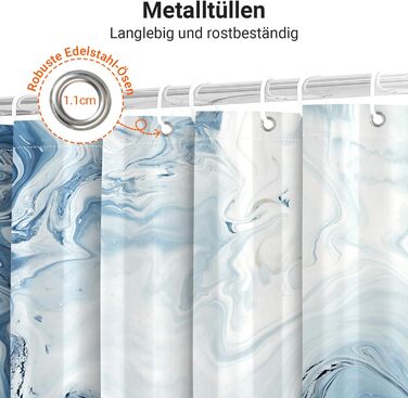 Штора для душу 180x200 см з утяжеленим краєм, антигрибкова, водовідштовхувальна, поліестер, з кільцями (Блакитний градієнт мармуру)