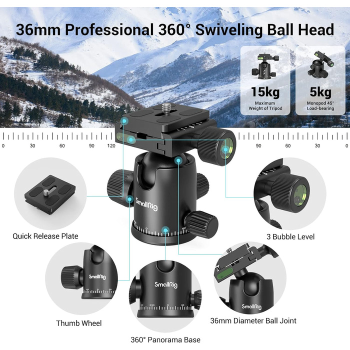 SMALLRIG 71' Штатив для камери, розкладний, з кульковою головкою 360°, швидкознімною платформою та кріпленням для смартфона, вантажопідйомність 15 кг, 180 см - 3935
