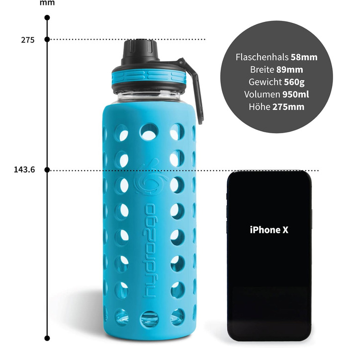Glass Drinking Bottle with Silicone Sleeve – 100% Leak-Proof, BPA-Free, Dishwasher Safe, 2 Replaceable Lids – Ideal for Office, Fitness, Yoga, Sports & Outdoor – 950 ml (Coral Blue 2.0)