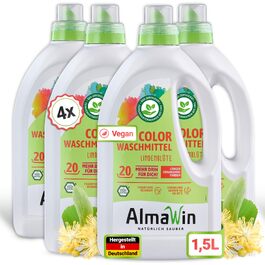 Рідкий пральний засіб для кольорових речей AlmaWin Color з ароматом липи, веганський, еко-засіб для прання (4х1.5л, 80 прань, 30-60°C)