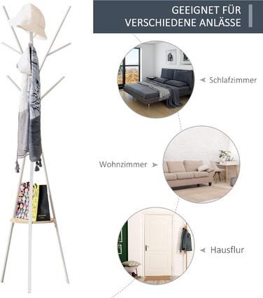 HOMCOM Coat Rack, Clothes Rack with 8 Hooks, Coat Stand with Shelf, Freestanding Coat Rack for Clothes, Hats, Bags, Metal, 45 x 45 x 180 cm (White)