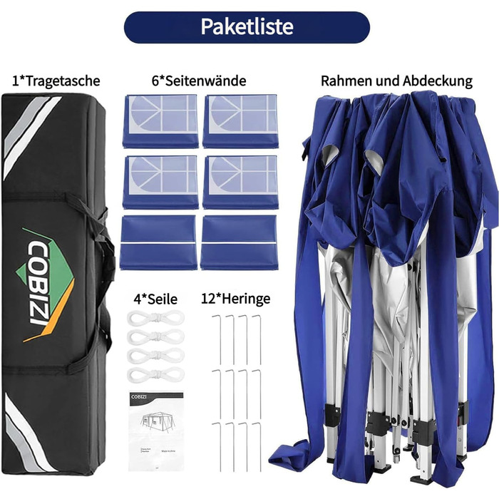 COBIZI Pavilion 3x3 Waterproof Folding Pavilion with 4 Side Panels Outdoor Folding Pavilion Stable UV Protection 50+ Pop-Up Garden Pavilion Party Tent for Outdoors, Garden, Party, Wedding, Market (Navy Blue, 3x6m)