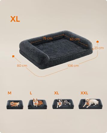 Feandrea FluffyHug Dog Bed, Dog Cushion Size XL, Dog Mat for Medium and Large Dogs, Dog Sofa with Ruffle Foam, Removable and Washable Cover, 106 x 80 x 23 cm, Ombré Grey PGW233G01 (XL (106 x 80 x 23 cm), dark grey)