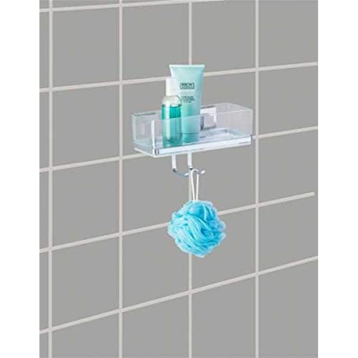 WENKO Vacuum-Loc Bathroom Wall Shelf Quadro with Hooks, 2 Tiers, with Removable Bowl, Mounting without Drilling, Stainless Steel/Plastic, 25.5 x 15 x 14 cm