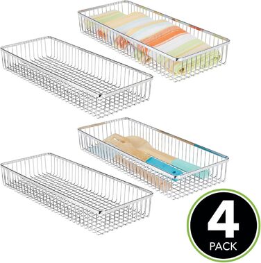 mDesign Universal Drawer Organizer - Metal Storage Baskets for Drawers Organize Kitchen Supplies and Utensils - Drawer Organizers for Kitchen and Household - 4-Piece Set - Silver