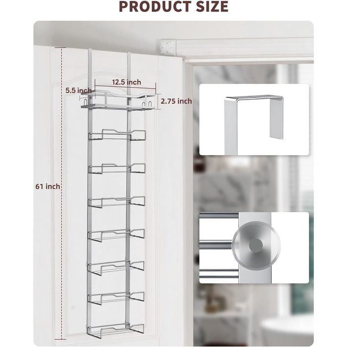 Настінний тримач для рушників у ванну кімнату, без свердління, 6-ярусна наддверна полиця для рушників, багаторівневий тримач для рушників на двері, для компактних ванних кімнат (срібний, 8 ярусів)