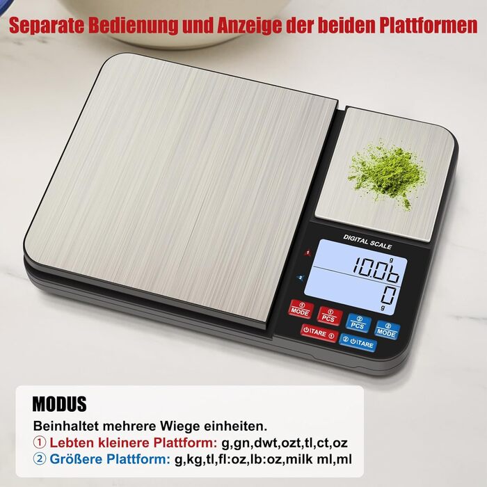 Кухонні ваги Diyife з двома платформами, 10 кг/1 г та 500 г/0.01 г, цифрові, з функцією тарування, підрахунку, автовимкнення, для кухні, ювелірних виробів, випічки та приготування їжі, з батарейками
