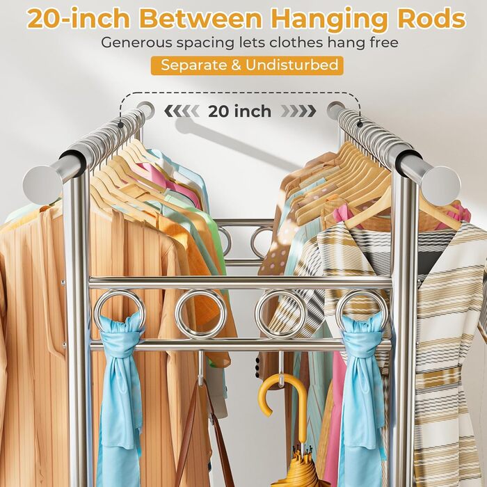 Вішалка для одягу Bomclap з міцним навантаженням, хромована, з колесами, висувна, 3 перекладини, 8 гачків, металева полиця, до 160 кг