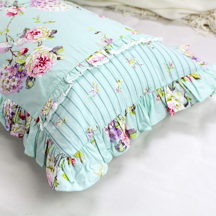 FADFAY Pillow Covers in Farmhouse Style, Roses and Hydrangeas Blue-Green, Striped, Elegant Country Style, 100% Cotton, Vintage Style, Lace, Ruffles, Bedding, Pillowcases, exquisite