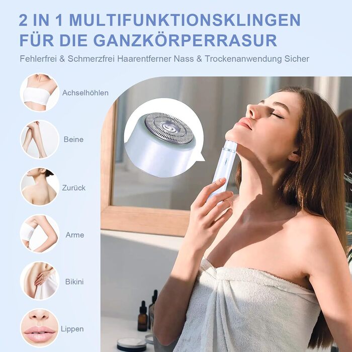 Електричний жіночий епілятор 2-в-1 з USB-C зарядкою, для обличчя, ніг та рук, вологостійкий тример, легко чистити (блакитний)