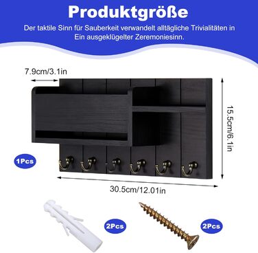 Дерев'яне ключниця з полицею, органайзер для ключів на 6 гачків, декоративна полиця для ключів з 4 шурупами для прихожої, входу, спальні