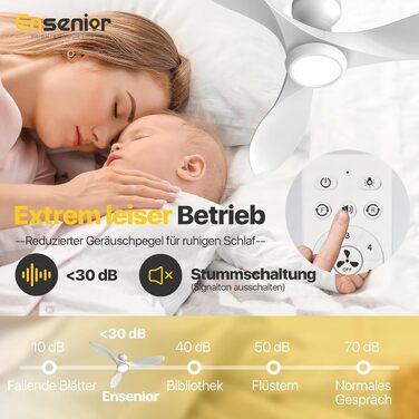 Стельовий вентилятор з освітленням Ensenior 132 см, тихий DC-мотор, 6 швидкостей, 3 режими світла, з пультом керування для спальні та вітальні, білий