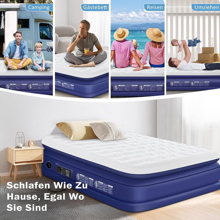 Надувний матрац 152x203 см для 2 осіб з електричним насосом | Гостьове ліжко & кемпінг | Надувне ліжко блакитно-біле
