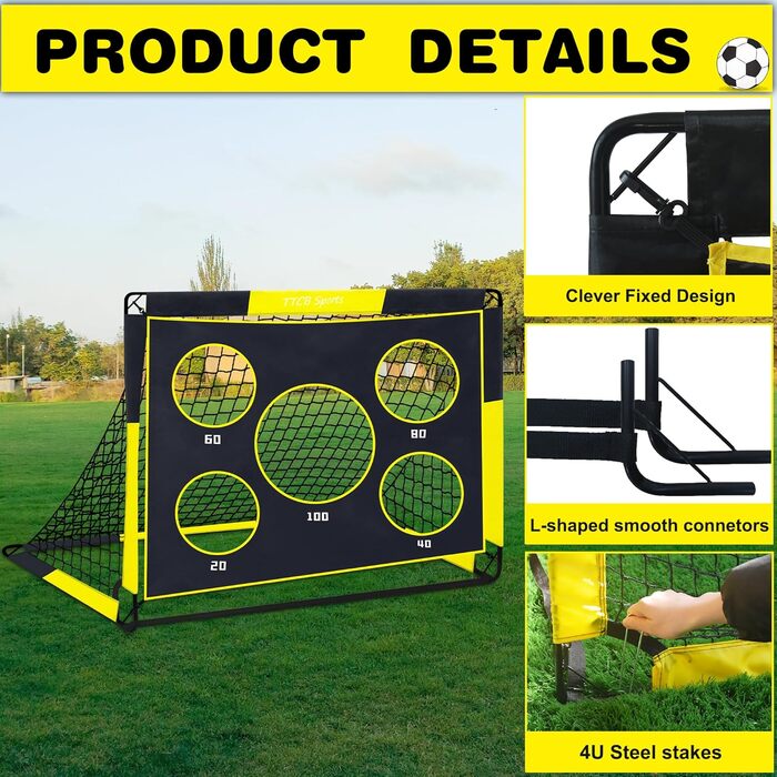 TTCB Sports 2-in-1 Kids Soccer Goal - Outdoor Football Goal with 5 Target Zones, Pop Up Soccer Goal Net & Carry Bag, Ideal for Football Training Equipment or Gifts for Boys (Yellow, 90x90x120cm)