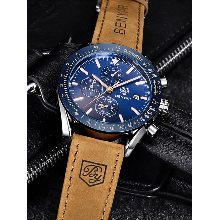 Годинник чоловічий Benyar Chronograph з кварцовим механізмом, аналоговий, з шкіряним ремінцем. Стильний дизайн для бізнесу, спорту та повсякденного носіння. Водостійкий (30M). Елегантний подарунок для чоловіків. Колір: блакитний