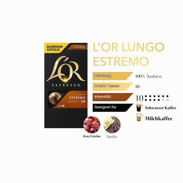 Кавові капсули L'OR Espresso Lungo Estremo для Nespresso, 100 капсул (10 паків по 10 шт)