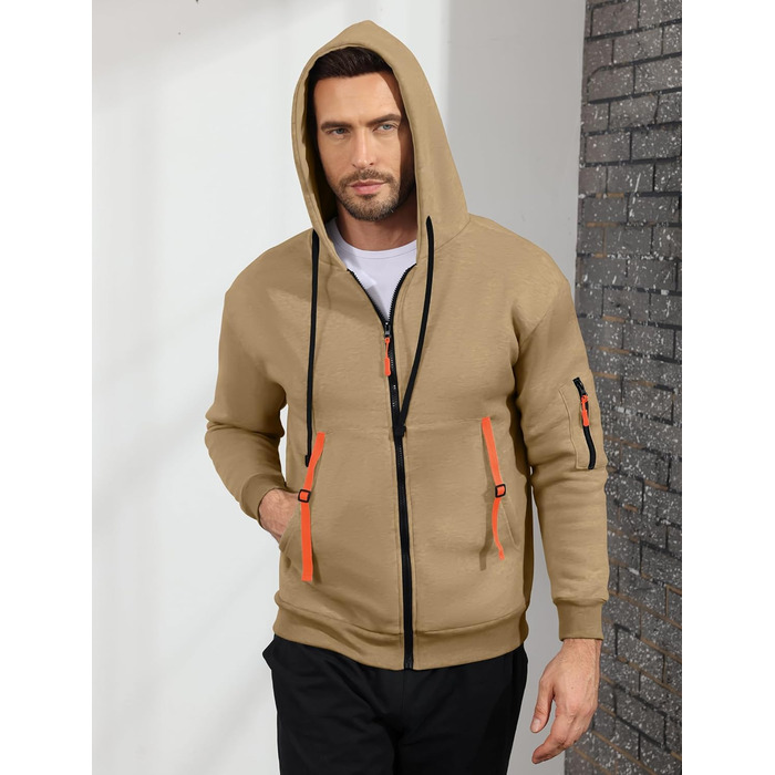 Світшот з капюшоном Aulemen для чоловіків з блискавкою, з довгим рукавом, Slim Fit, з кількома кишенями (Хакі, M)