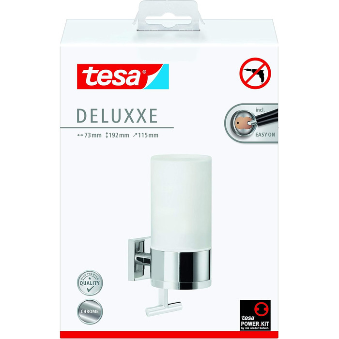 tesa DELUXXE Soap Dispenser Set, Frosted Glass and Chrome-Plated Metal - Wall-Mountable Liquid Soap Dispenser without Drilling, incl. Adhesive Solution - 73mm x 192mm x 115mm