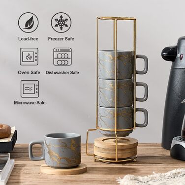 Набір келихів для еспресо LUKA з блюдцем та металевою підставкою (4 шт.), 118 мл, кераміка, мармуровий візерунок білий/сірий