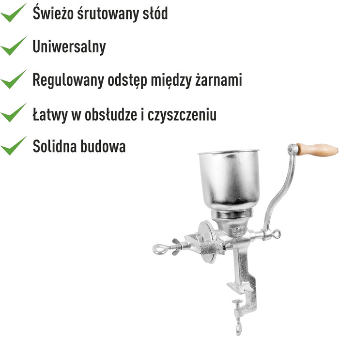 Ручний зерновий млин Browin 1 кг, металева, для солоду, борошна, кукурудзи та гороху, сріблястий, висока лійка