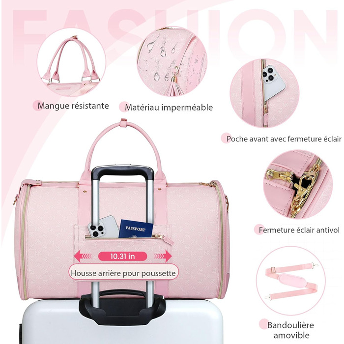 Сумка-трансформер для подорожей 50 л, 2-в-1 з водонепроникним відділенням для взуття та системою проти зминання – для жінок та чоловіків, ідеальна для ділових поїздок та відпочинку (Рожева)