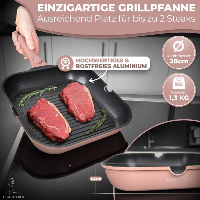 Гриль-сковорода NEU 28 см з виливом та знімною ручкою, антипригарна, без PFOA, для індукції, жаростійка, рожева