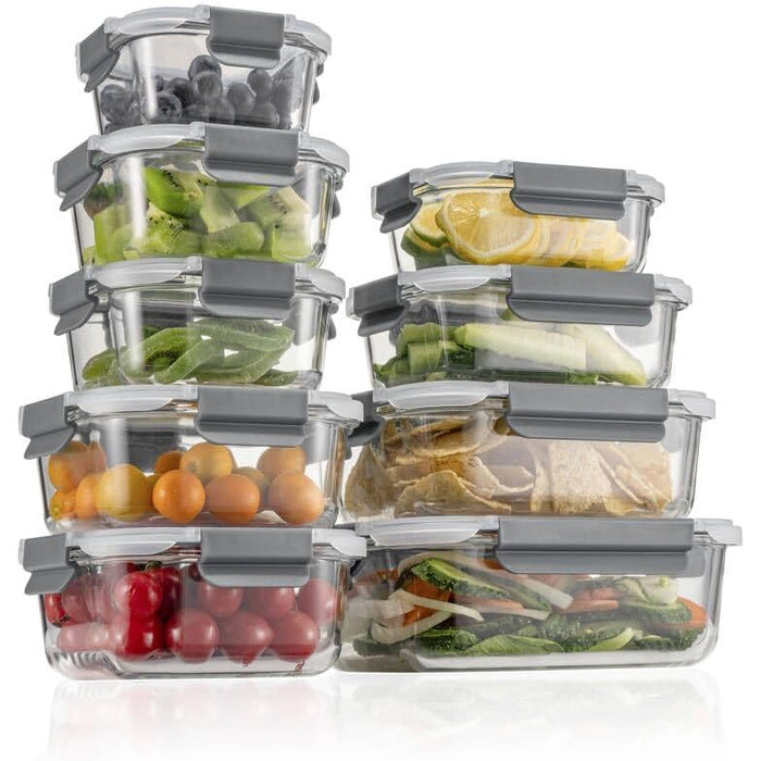 Набір контейнерів для зберігання продуктів Glas, 18 шт. (9 контейнерів, 9 кришок) - безпечні для миття в посудомийній машині, мікрохвильовій печі та морозильній камері, без BPA, сірий