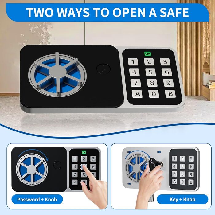KABISAFE Сейф цифровий 6,8 л, маленький сейф для дому, електронна касета безпеки, настінний сейф для домашнього офісу з 2 ключами, міні-сейф 23 x 17 x 17 см, блакитний